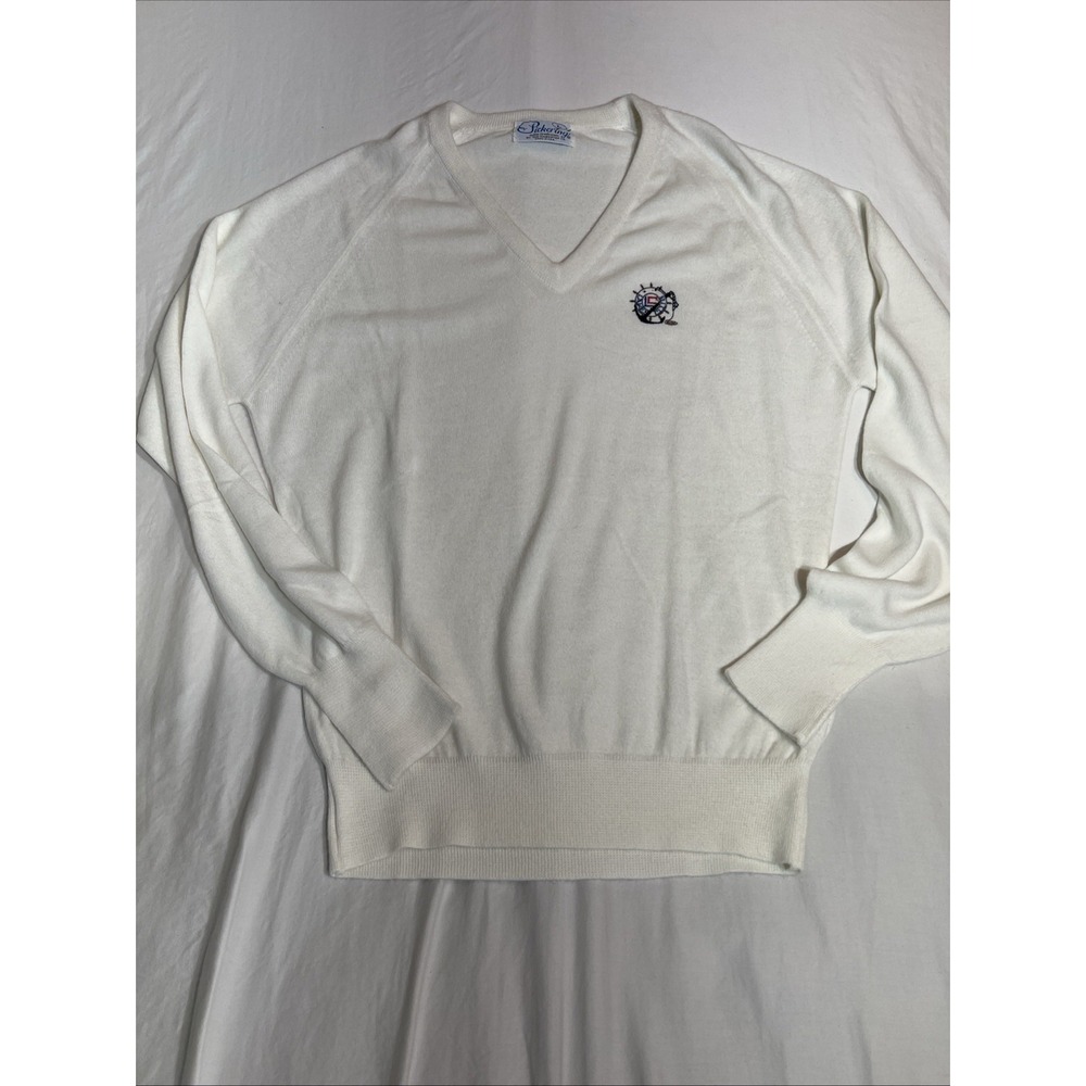 Vintage Pickering V-Neck Sweater Mens L White Orlon Acrylic Nautical USA Made